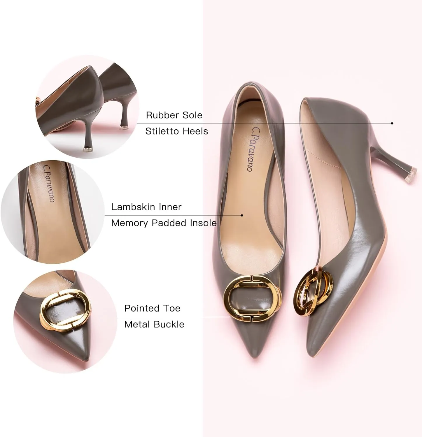C.Paravano Women's Metal Buckle Stiletto Pumps-Professional Business Meeting Shoes with Metal Accents&Chic Pointed Toe Design,All-Day Comfort Heels for Office Workdays