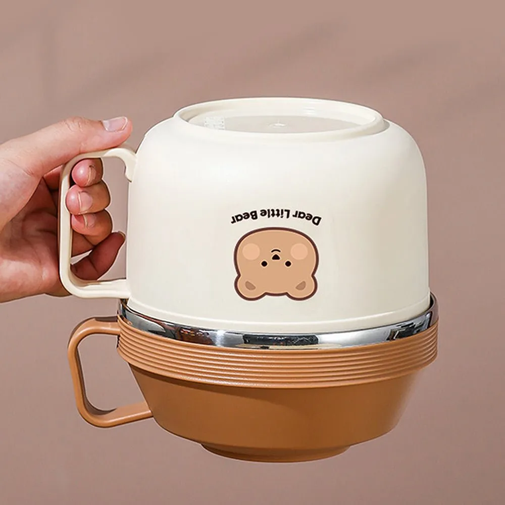 Cream & Brown Bear , Dual Handle Soup and Noodles Lunch Box with matching Cover
