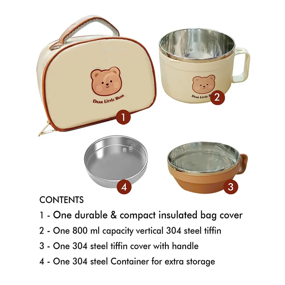 Cream & Brown Bear , Dual Handle Soup and Noodles Lunch Box with matching Cover