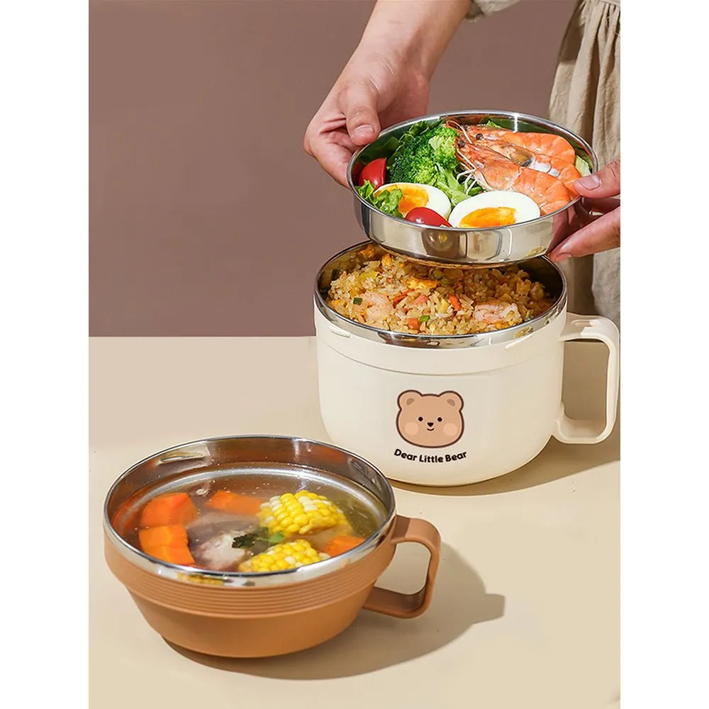 Cream & Brown Bear , Dual Handle Soup and Noodles Lunch Box with matching Cover
