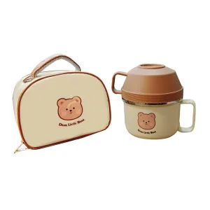 Cream & Brown Bear , Dual Handle Soup and Noodles Lunch Box with matching Cover