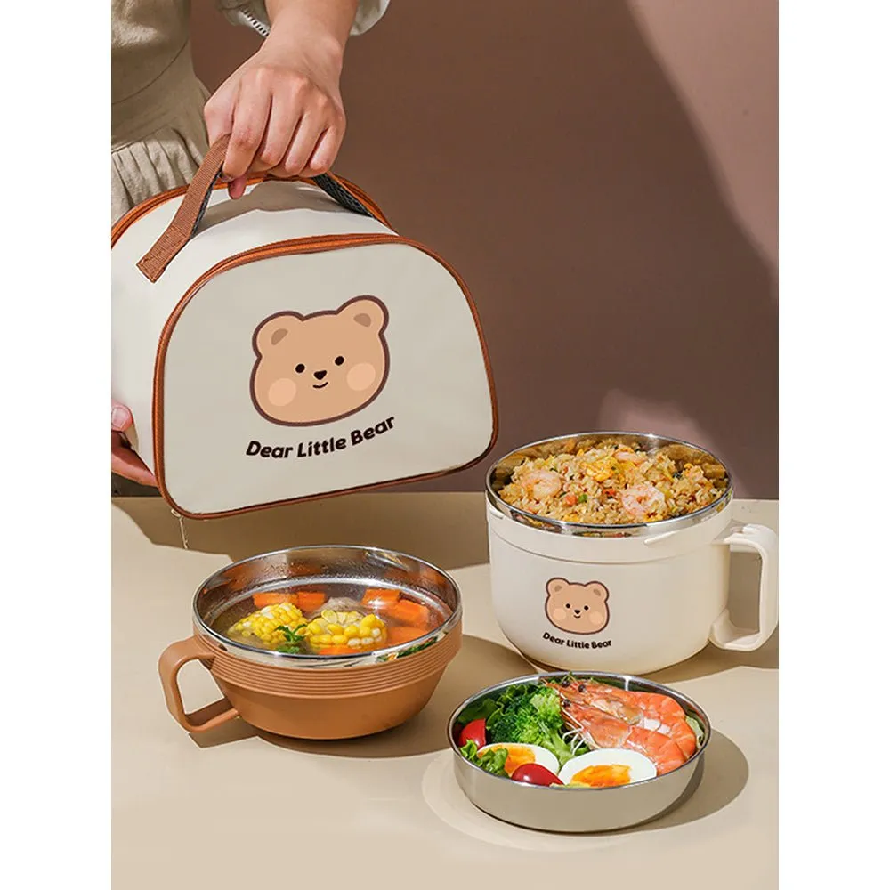 Cream & Brown Bear , Dual Handle Soup and Noodles Lunch Box with matching Cover