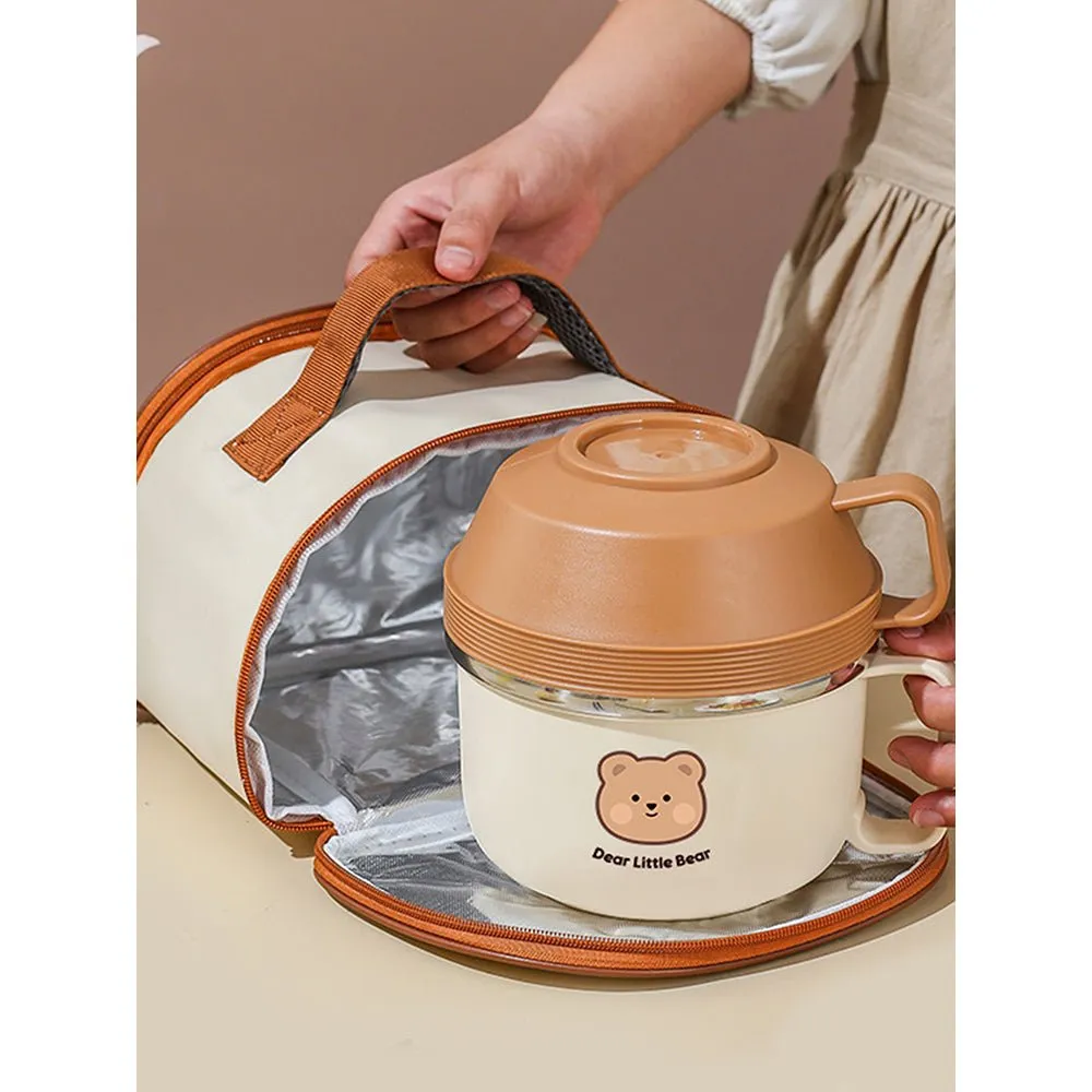 Cream & Brown Bear , Dual Handle Soup and Noodles Lunch Box with matching Cover