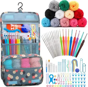Crochet Kit for Beginners Complete 130 Pieces Starters Knitting Kit with Crochet Yarn, Ergonomic Crochet Hooks and Crochet Accessories in Hangable Storage Bag