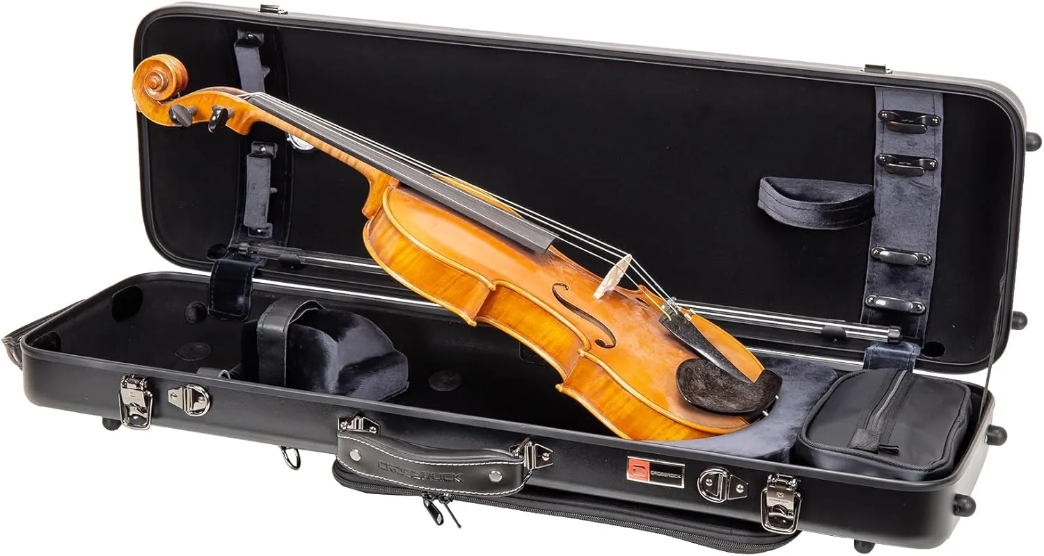 Crossrock Poly Carbon Oblong Violin Case for 4/4 Full-Size | Matte Black Finish, Hygrometer, Music Pouch, Accessory Storage – Lightweight Hard Shell