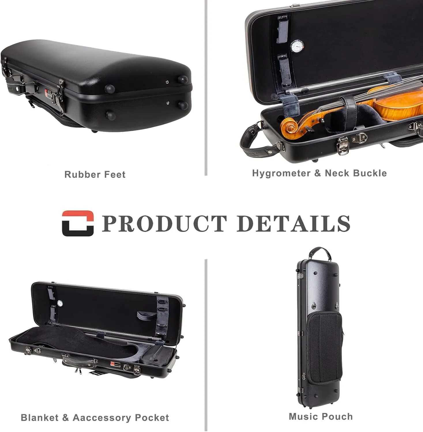 Crossrock Poly Carbon Oblong Violin Case for 4/4 Full-Size | Matte Black Finish, Hygrometer, Music Pouch, Accessory Storage – Lightweight Hard Shell