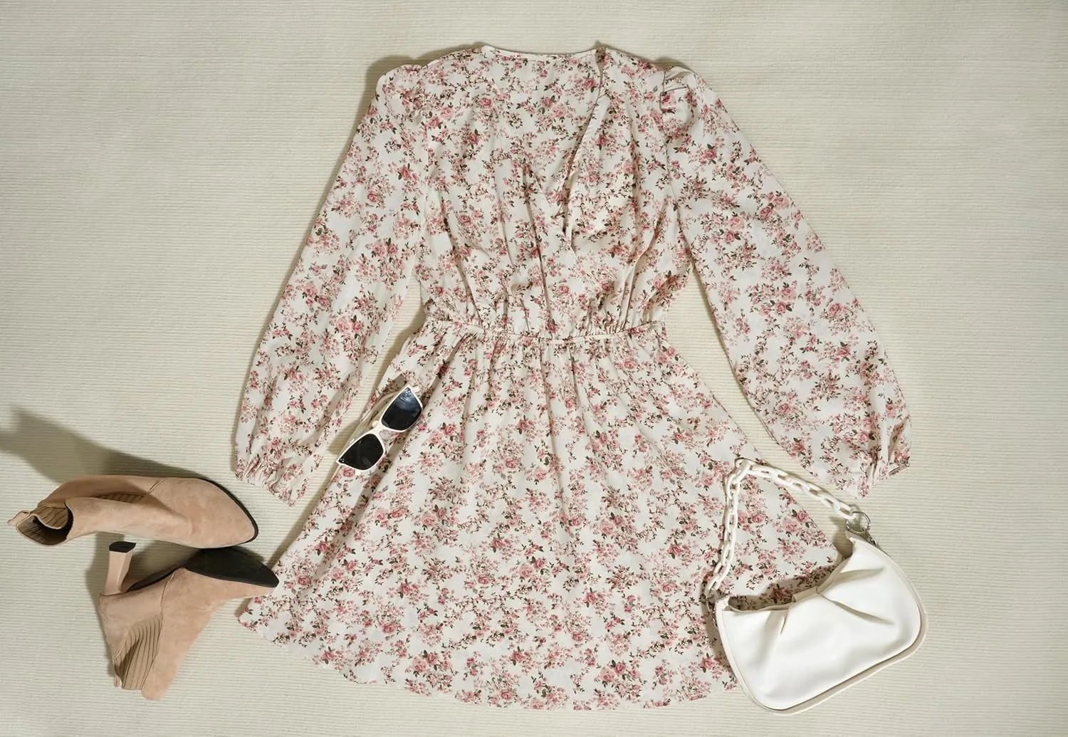 CUPSHE Women Floral Ruffle Summer Dress Surplice V Neck Long Peasant Sleeve Elastic Waist Flowy Casual Holiday Mini Dress