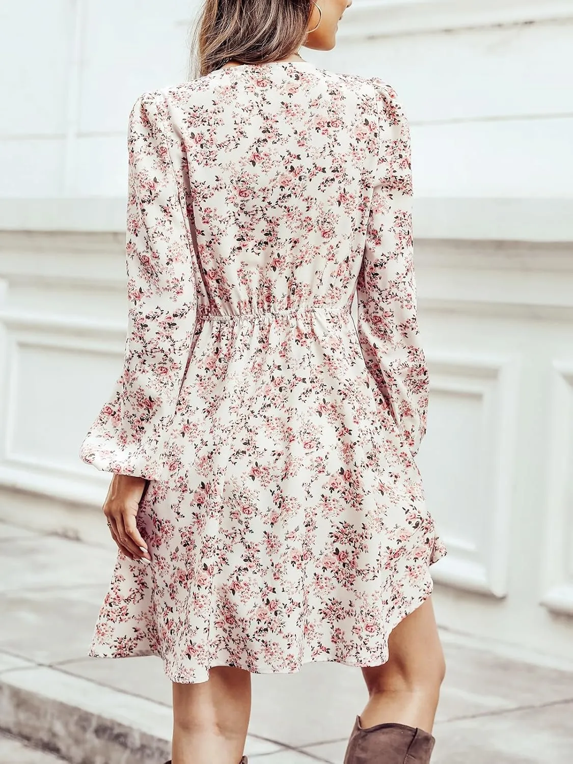 CUPSHE Women Floral Ruffle Summer Dress Surplice V Neck Long Peasant Sleeve Elastic Waist Flowy Casual Holiday Mini Dress