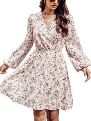 CUPSHE Women Floral Ruffle Summer Dress Surplice V Neck Long Peasant Sleeve Elastic Waist Flowy Casual Holiday Mini Dress