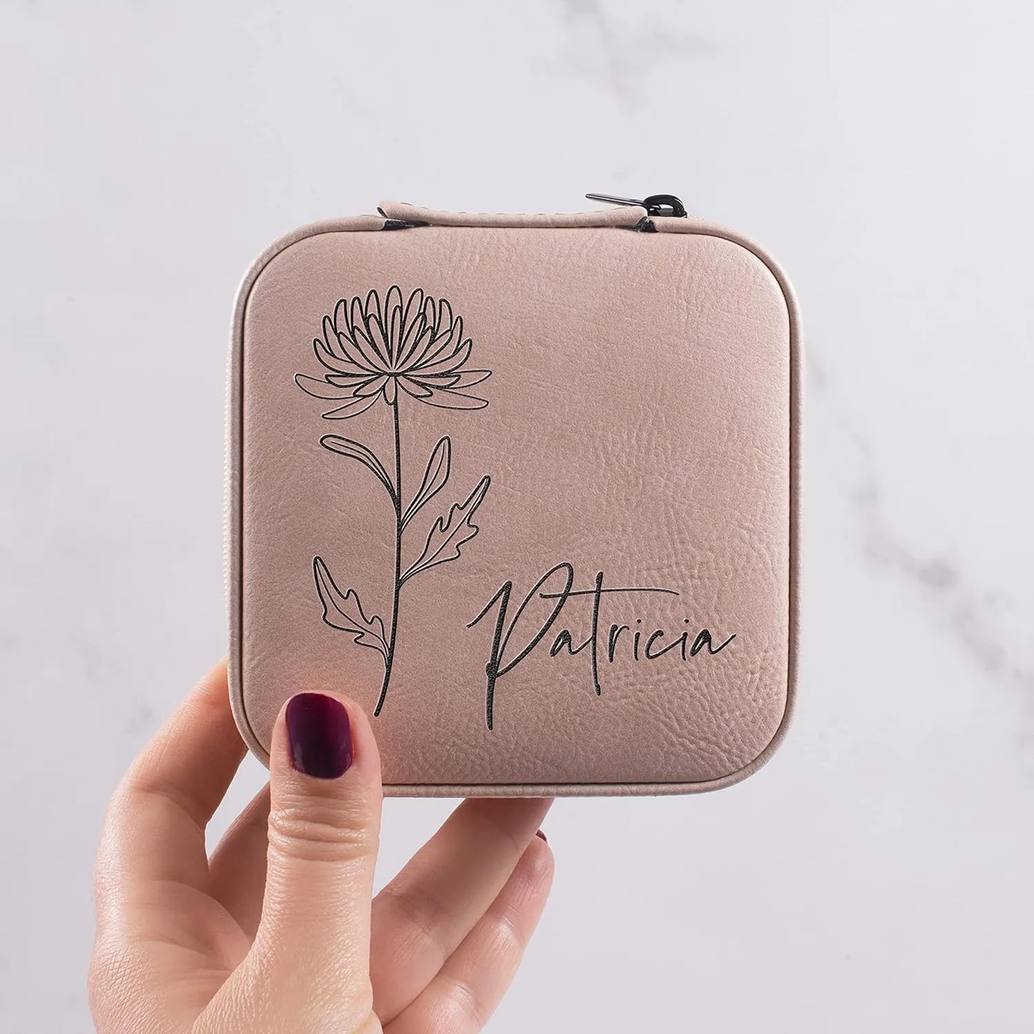 Custom Leather Jewelry Box w/Name & Birth Flower Month - Birthday Gifts for Women, Personalized Jewelry Travel Case - Customized Jewelry Organizer Box, Mom Birthday Gifts - Chestnut
