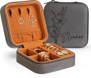Custom Leather Jewelry Box w/Name & Birth Flower Month - Birthday Gifts for Women, Personalized Jewelry Travel Case - Customized Jewelry Organizer Box, Mom Birthday Gifts - Gray