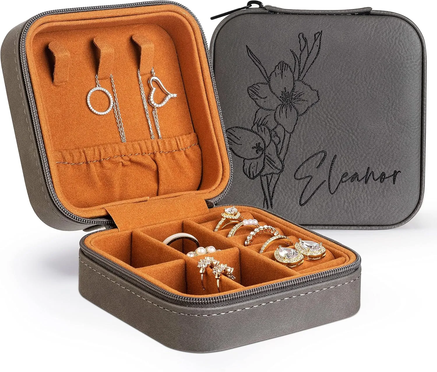 Custom Leather Jewelry Box w/Name & Birth Flower Month - Birthday Gifts for Women, Personalized Jewelry Travel Case - Customized Jewelry Organizer Box, Mom Birthday Gifts - Gray