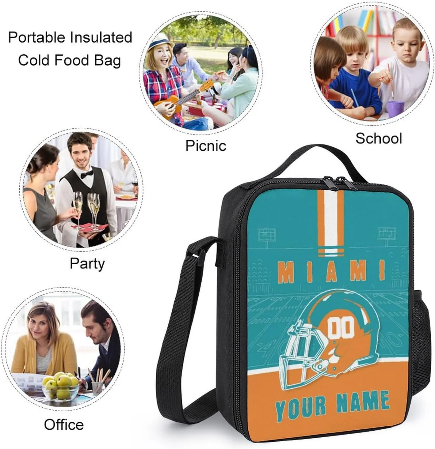Custom Miami Lunch Box Gift for Men Women Personalized Name Number Adjustable Strap Insulated Lunch Bag for Work Picnic Travel