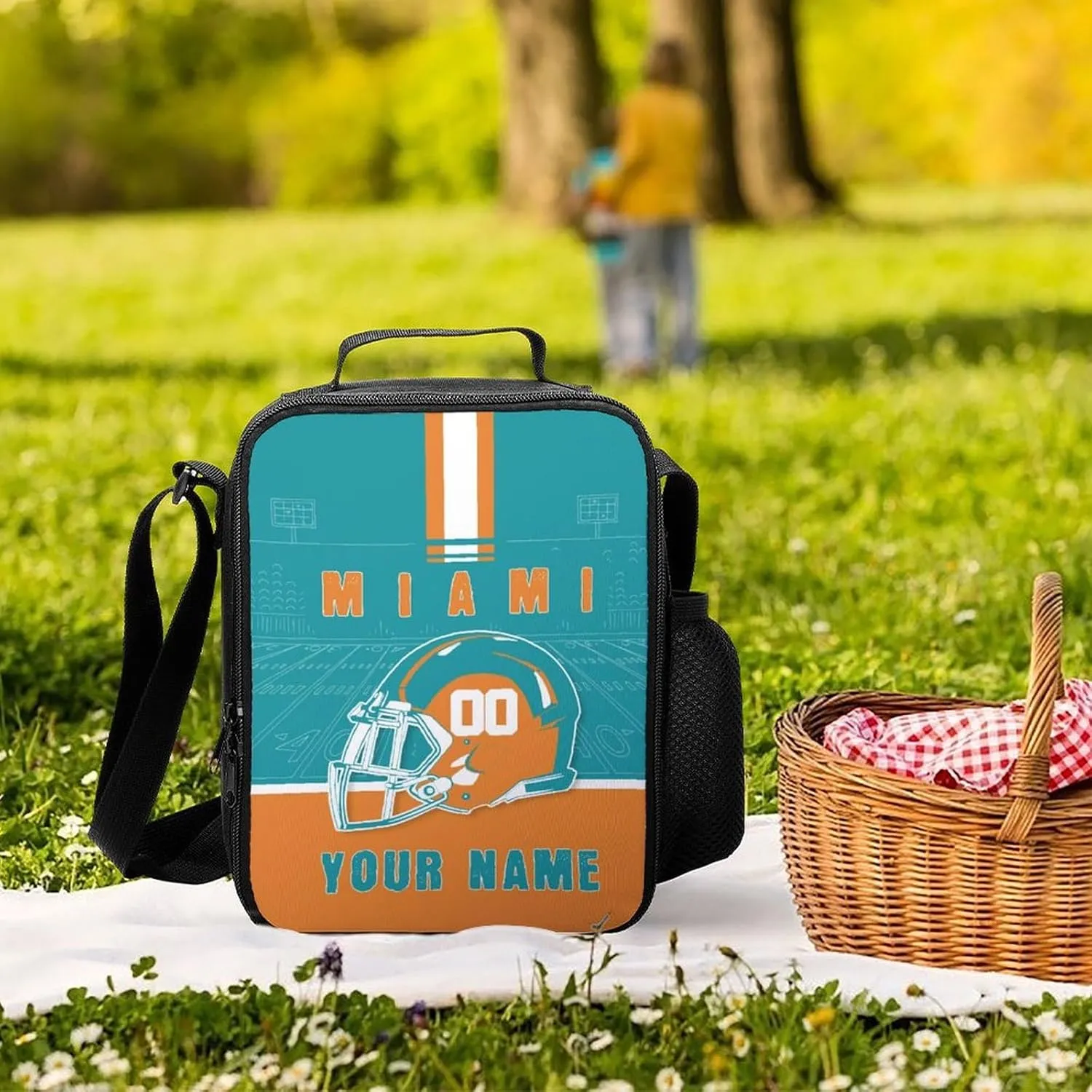 Custom Miami Lunch Box Gift for Men Women Personalized Name Number Adjustable Strap Insulated Lunch Bag for Work Picnic Travel