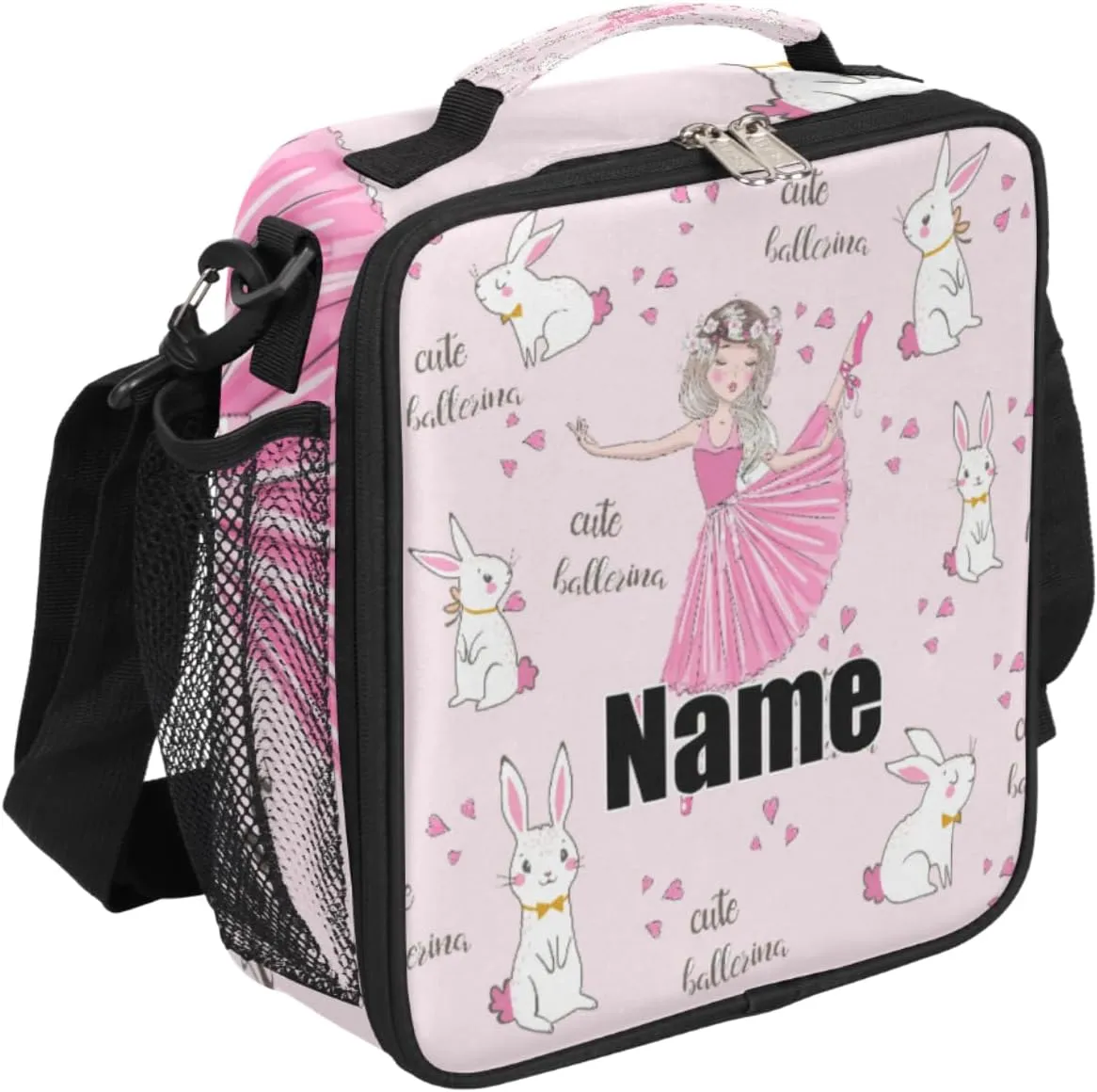 Custom Name Cute Bunny Ballerina Lunch Bag for Women Men Insulated Cooler Tote Bag Handbag Reusable Lunch Box with Adjustable Shoulder Strap for Work Picnic Travel Outdoor