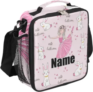 Custom Name Cute Bunny Ballerina Lunch Bag for Women Men Insulated Cooler Tote Bag Handbag Reusable Lunch Box with Adjustable Shoulder Strap for Work Picnic Travel Outdoor