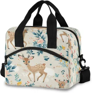 Cute Deer Flower Seamless Lunch Box for Men Women Adults Insulated Lunch Bag Cooler Bag with Adjustable Shoulder Strap for Work Picnic Travel