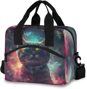 Cute Surreal Space Cat with Mirror Shades Realism High Contrast High Detail Rainbow Colors Lunch Box for Men Women Adults Insulated Lunch Bag Cooler Bag with Adjustable Shoulder Strap for Work Pic