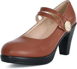CYBLING Women's Mary Jane High Heels Shoes Ladies Pointed Closed Toe Ankle Strap Dress Pumps