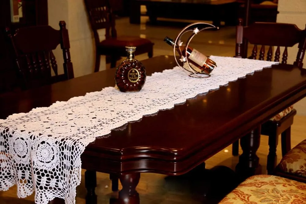 Damanni Rectangular Cotton Handmade Crochet Lace Table Runner Doilies Table Dresser Scarf Décor,16 Inch by 47 Inch，White