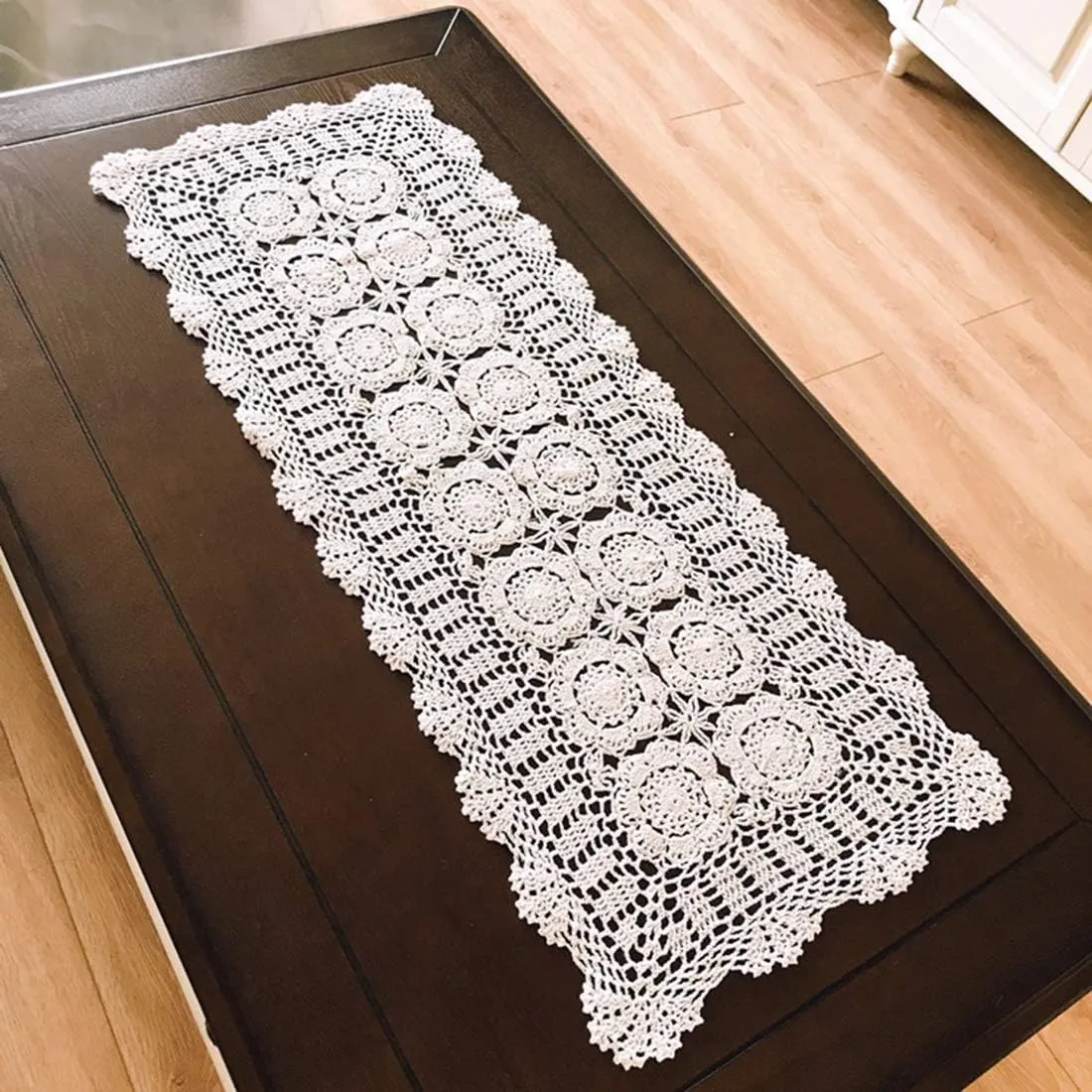 Damanni Rectangular Cotton Handmade Crochet Lace Table Runner Doilies Table Dresser Scarf Décor,16 Inch by 47 Inch，White