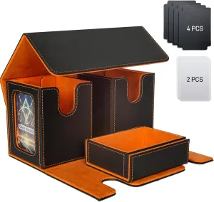 Deck Box for MTG, 3-in-1 MTG Commander Deck Box with Dice Tray, 2 Commander Displays & 4 Dividers, Removable Leather Magnetic Case Fits 200 Double-Sleeved Cards for TCG, CCG (Black-Orange)