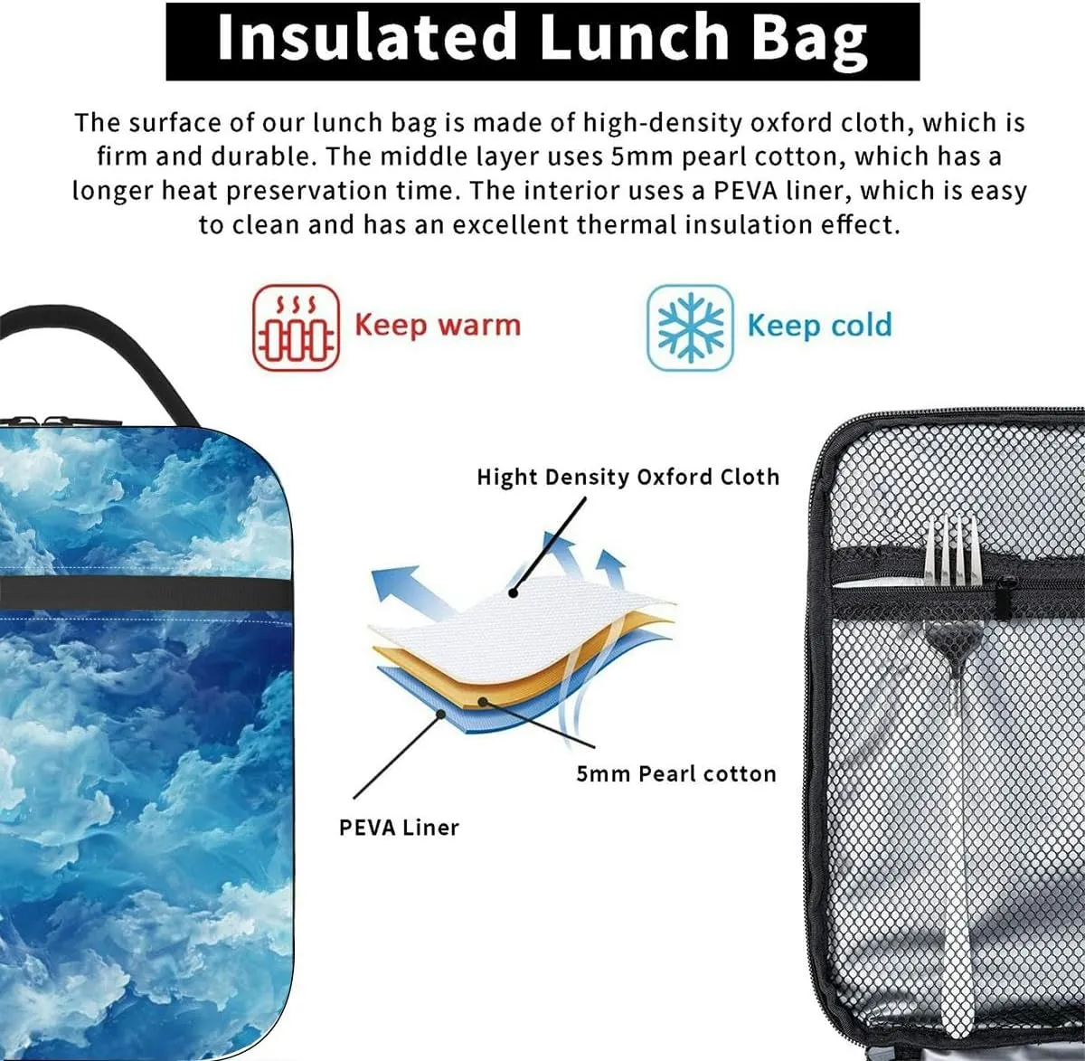 depicting a blue turbulent cloudy sky the style impressionist Insulated Iunch Bag for Men Woman Large Portable Waterproof Reusable Thermal Lunch Box with Pockets for Work Travel Picnic