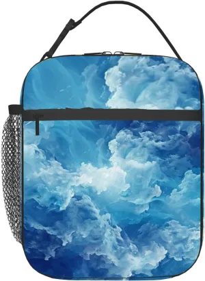 depicting a blue turbulent cloudy sky the style impressionist Insulated Iunch Bag for Men Woman Large Portable Waterproof Reusable Thermal Lunch Box with Pockets for Work Travel Picnic