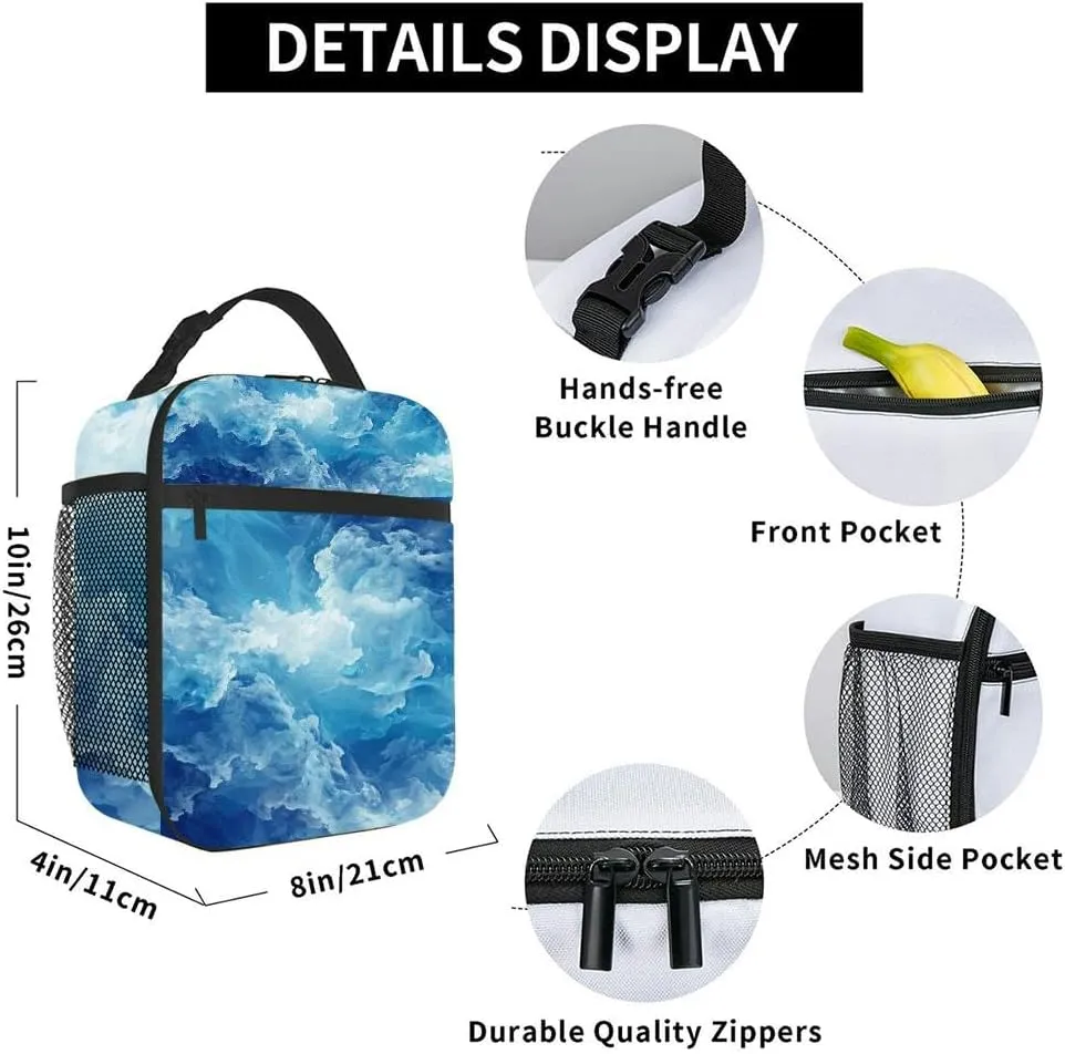 depicting a blue turbulent cloudy sky the style impressionist Insulated Iunch Bag for Men Woman Large Portable Waterproof Reusable Thermal Lunch Box with Pockets for Work Travel Picnic