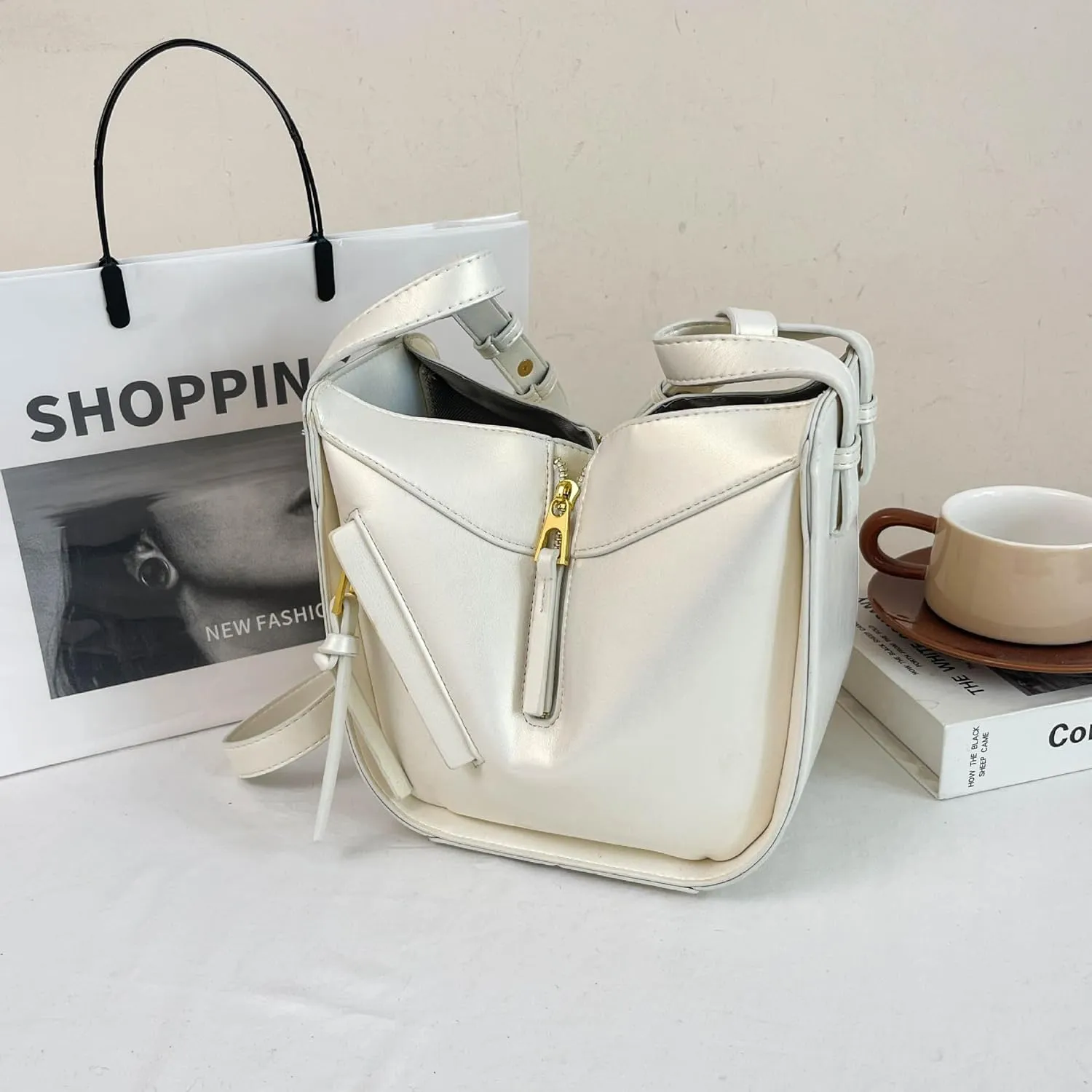 Designer Leather Shoulder Bag with Gold Zipper Details,Open Bucket Handbag Dumpling type