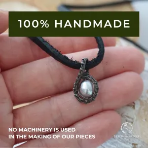 Designs by Nature Gems Handmade Men's Pearl Necklace - Antiqued Sterling Silver with 22 inch Black Leather Cord, June Birthstone, Wire Wrapping Jewelry, Wire Wrapped Pendant, Comes with a Gift Box