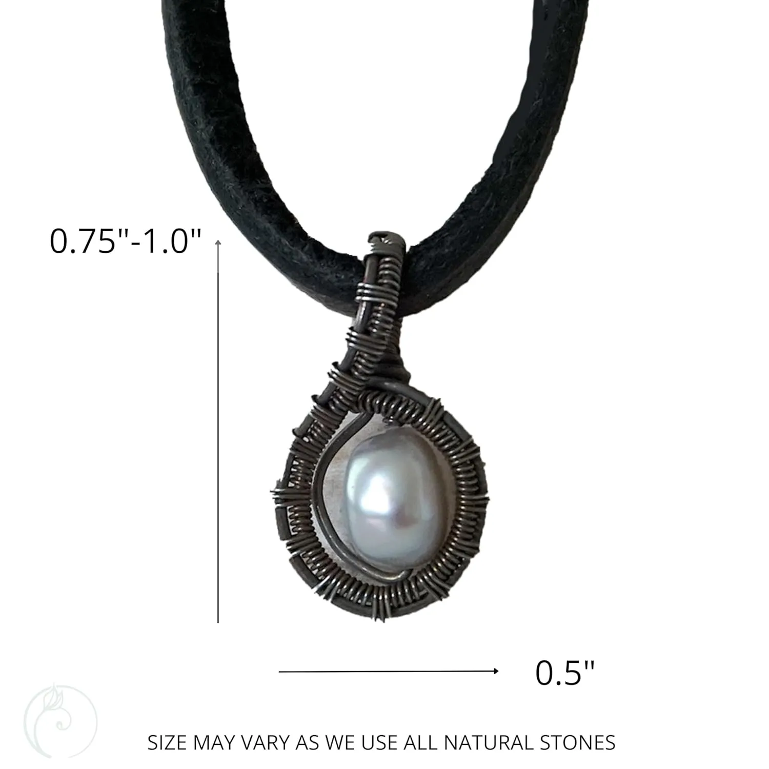 Designs by Nature Gems Handmade Men's Pearl Necklace - Antiqued Sterling Silver with 22 inch Black Leather Cord, June Birthstone, Wire Wrapping Jewelry, Wire Wrapped Pendant, Comes with a Gift Box