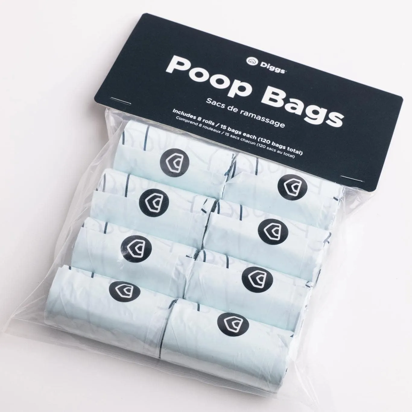 Diggs Dog Poop Bags (8-Rolls) - Durable & Odor Resistant Pet Waste Bags Refill Pack - One-Hand Dispensing, Innovative No-Tear Pet Products - 120 Bag Count