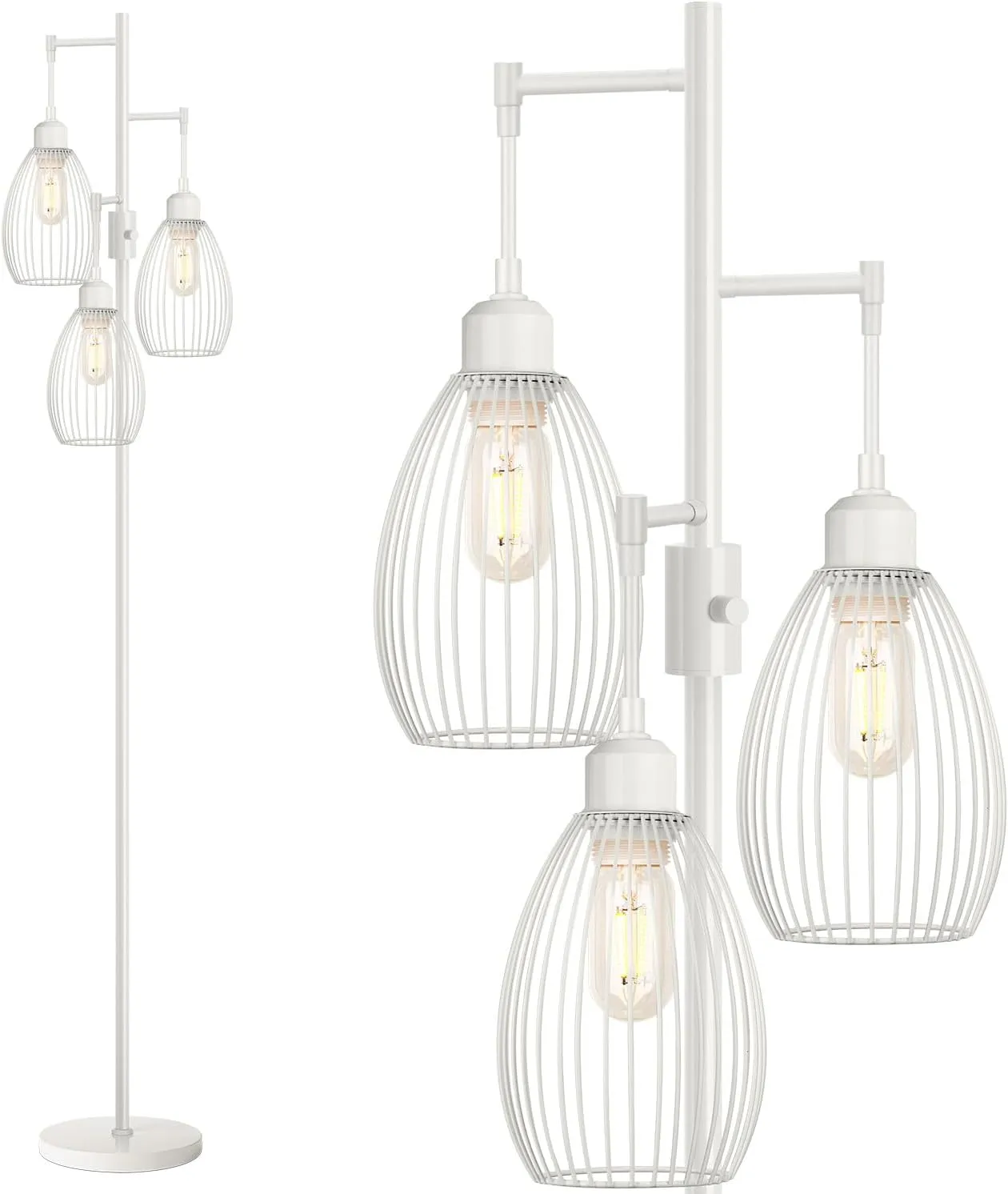 Dimmable Floor Lamp, 3 x 800LM LED Edison Bulbs Included, Farmhouse Industrial Floor Lamp Standing Lamp with Elegant Teardrop Cage Head Tall Lamp for Living Room Bedroom Office Dining Room - White