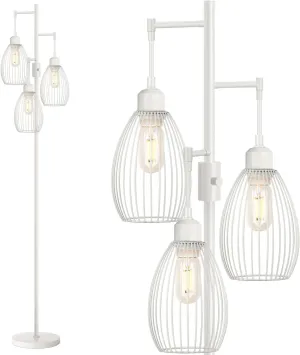 Dimmable Floor Lamp, 3 x 800LM LED Edison Bulbs Included, Farmhouse Industrial Floor Lamp Standing Lamp with Elegant Teardrop Cage Head Tall Lamp for Living Room Bedroom Office Dining Room - White