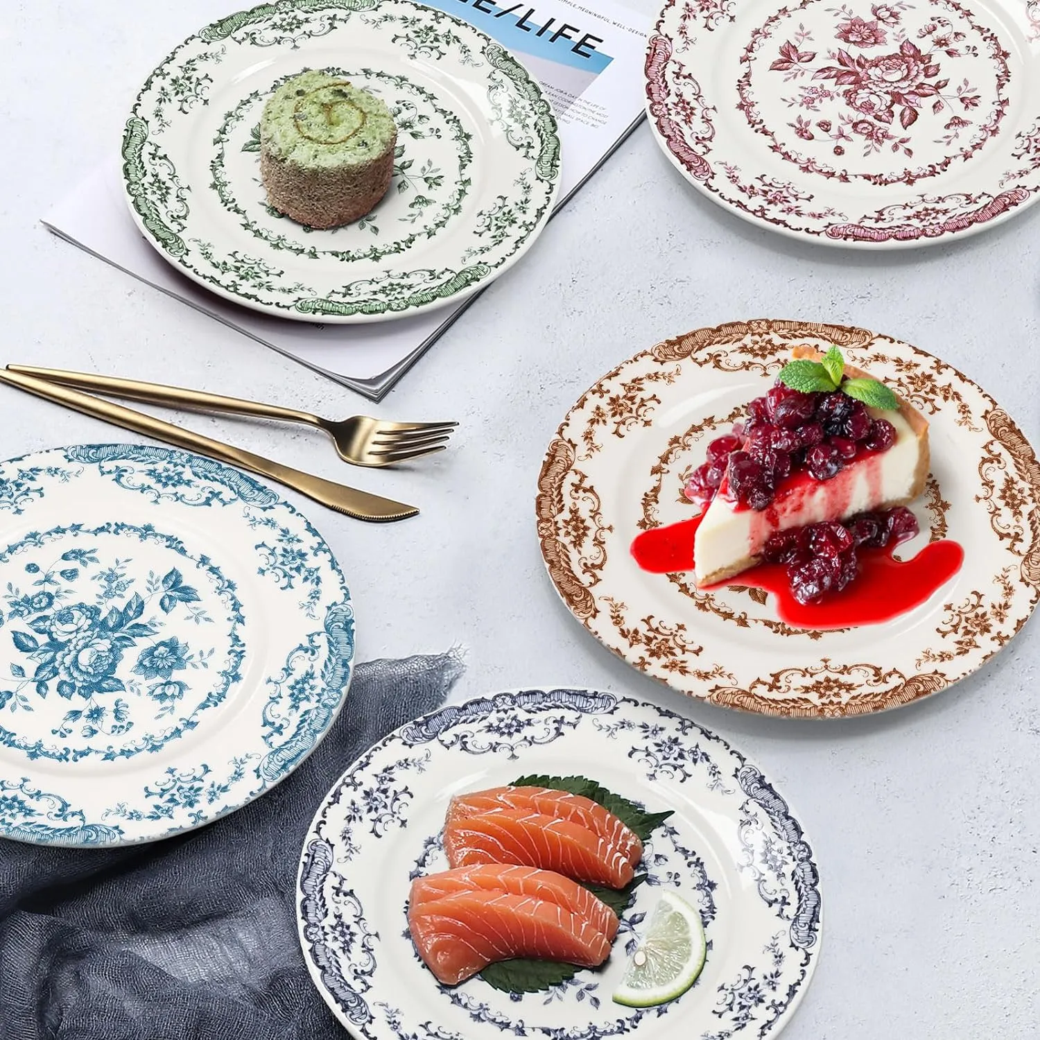 Dinner Plates, Ceramic Plates Set of 6, Kitchen Plates Microwave Safe, White Plate Dessert Blue Floral Plate Porcelain (Blue Rose, 10.5 inch)