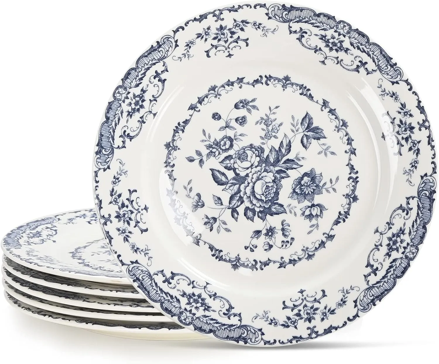 Dinner Plates, Ceramic Plates Set of 6, Kitchen Plates Microwave Safe, White Plate Dessert Blue Floral Plate Porcelain (Blue Rose, 10.5 inch)