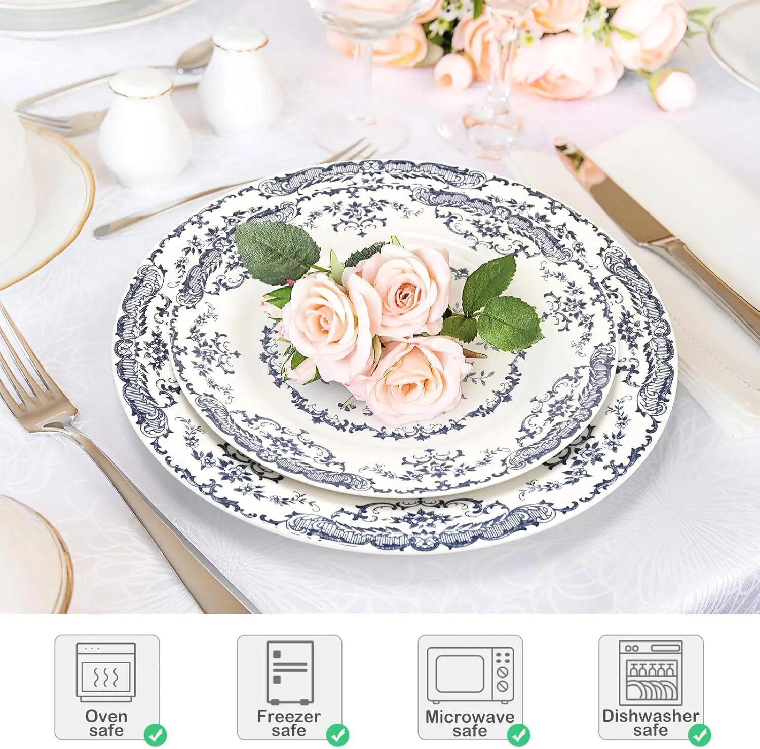 Dinner Plates, Ceramic Plates Set of 6, Kitchen Plates Microwave Safe, White Plate Dessert Blue Floral Plate Porcelain (Blue Rose, 10.5 inch)