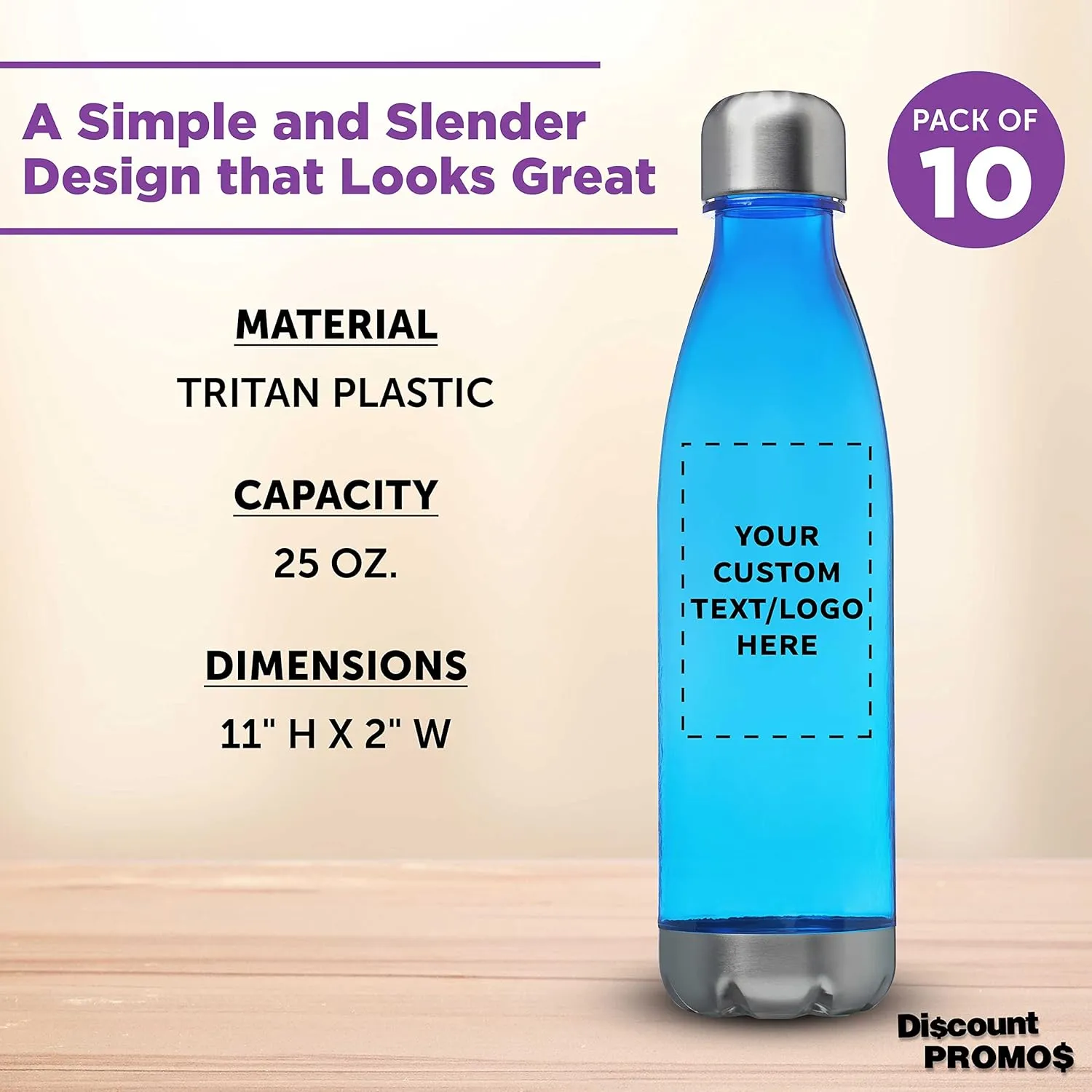 DISCOUNT PROMOS Custom Levian Cola Shaped Plastic Bottles 25 oz. Set of 10, Personalized Bulk Pack - BPA Free, Great for Gym, Hiking, Cycling, Yoga and More - Blue