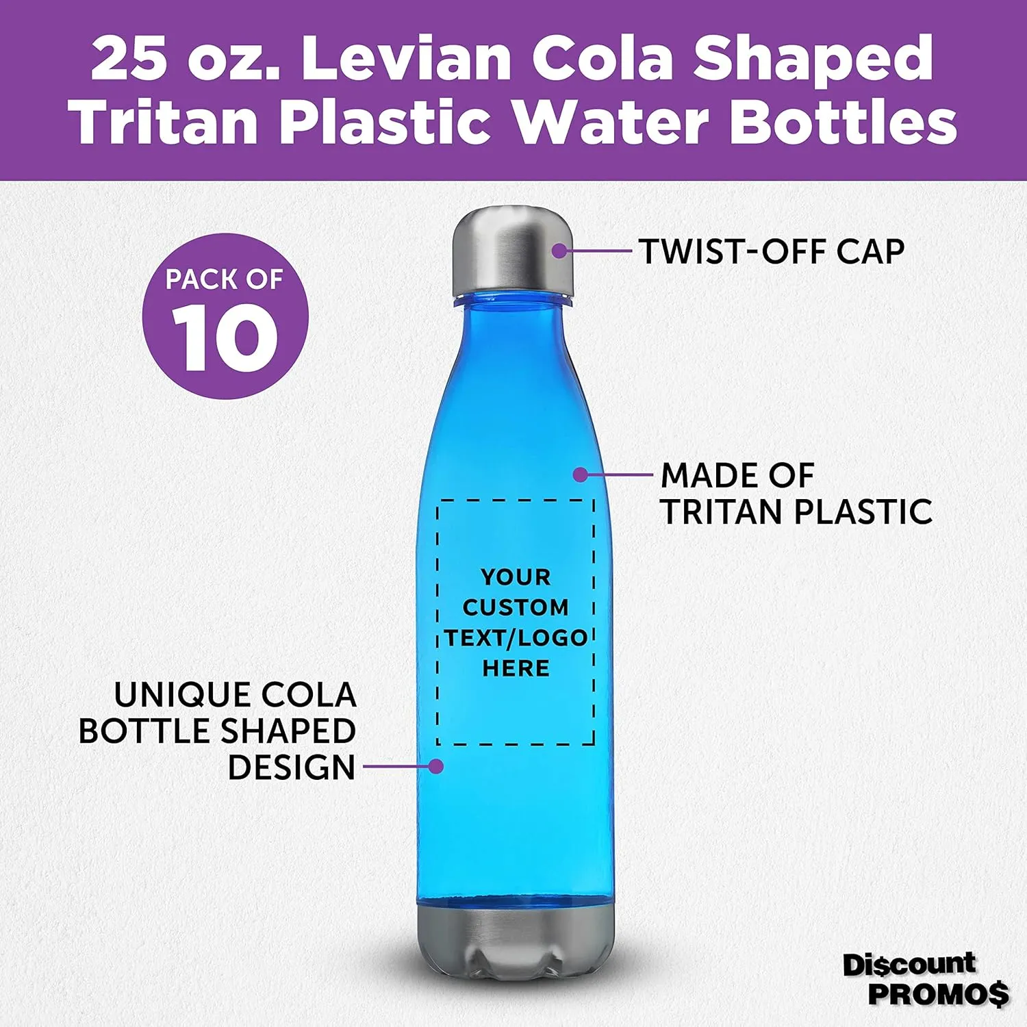DISCOUNT PROMOS Custom Levian Cola Shaped Plastic Bottles 25 oz. Set of 10, Personalized Bulk Pack - BPA Free, Great for Gym, Hiking, Cycling, Yoga and More - Blue