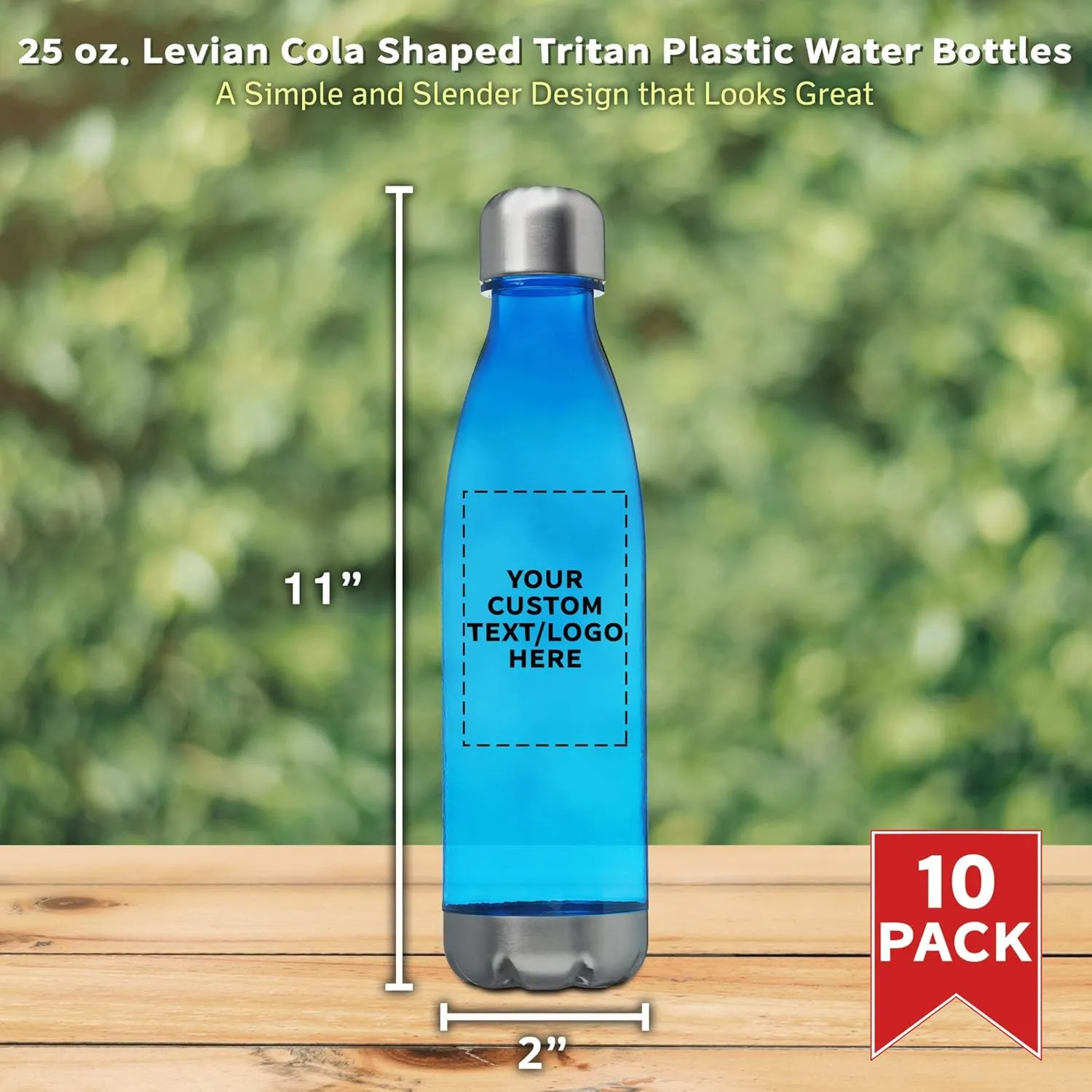 DISCOUNT PROMOS Custom Levian Cola Shaped Plastic Bottles 25 oz. Set of 10, Personalized Bulk Pack - BPA Free, Great for Gym, Hiking, Cycling, Yoga and More - Blue