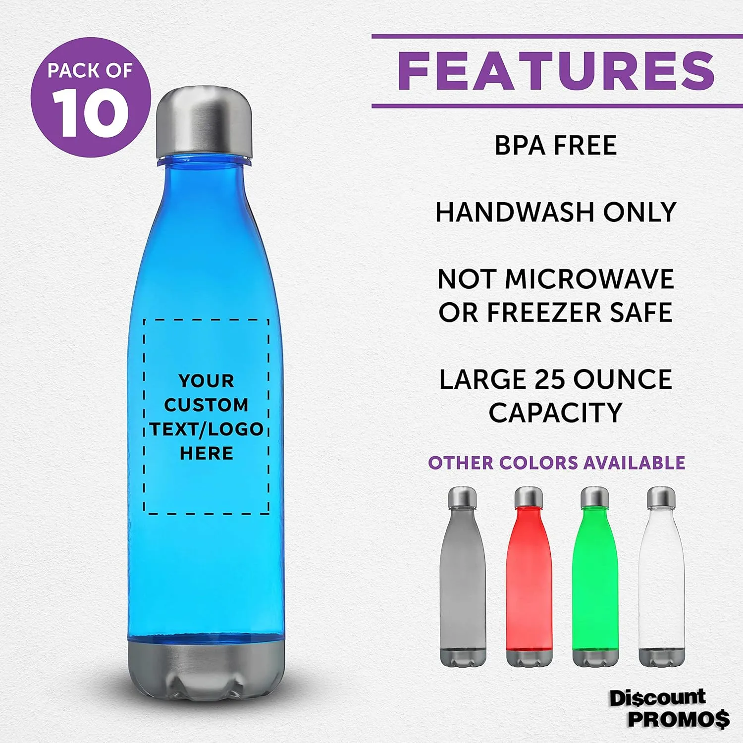 DISCOUNT PROMOS Custom Levian Cola Shaped Plastic Bottles 25 oz. Set of 10, Personalized Bulk Pack - BPA Free, Great for Gym, Hiking, Cycling, Yoga and More - Blue