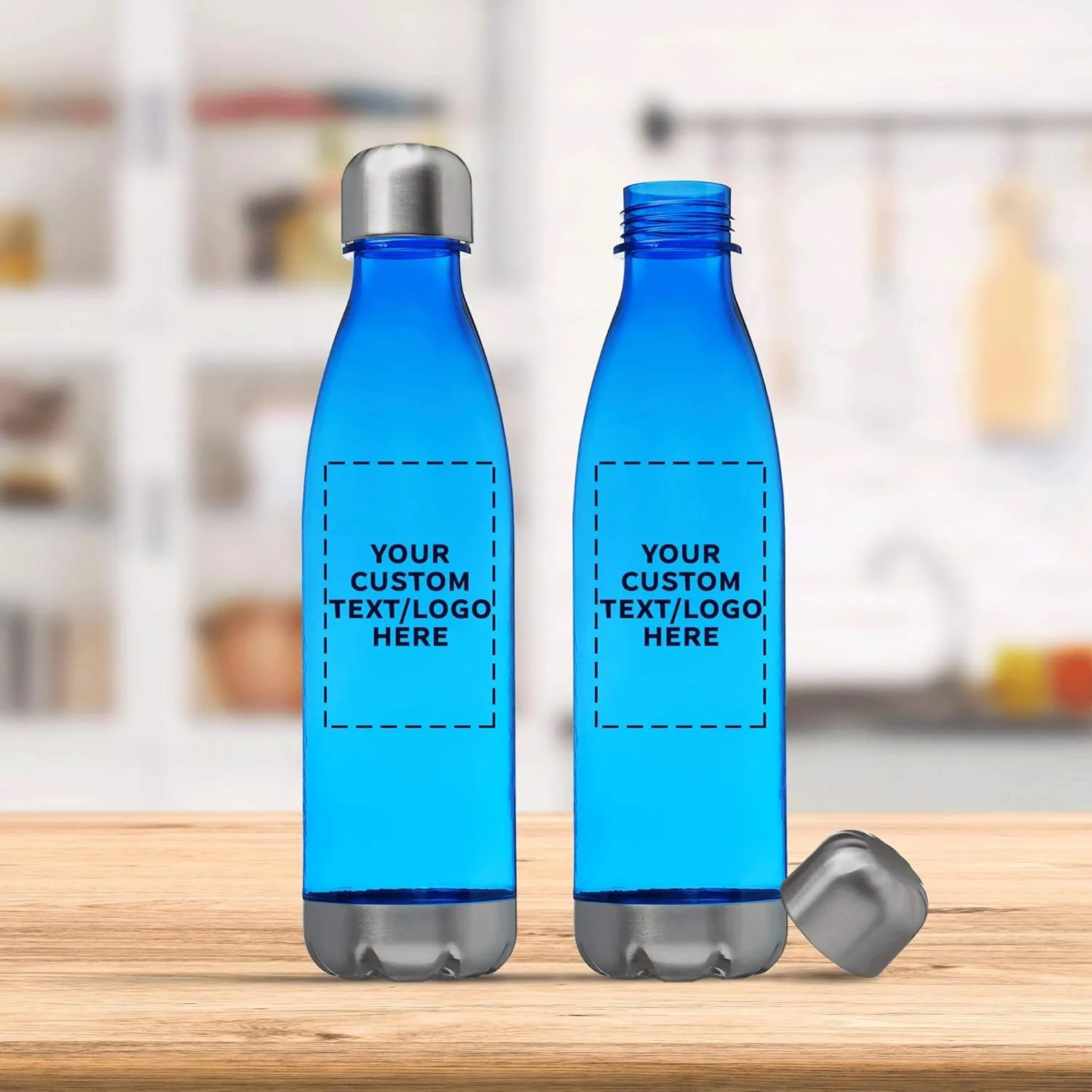 DISCOUNT PROMOS Custom Levian Cola Shaped Plastic Bottles 25 oz. Set of 10, Personalized Bulk Pack - BPA Free, Great for Gym, Hiking, Cycling, Yoga and More - Blue