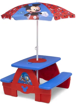 Disney Mickey Mouse 4 Seat Activity Picnic Table with Umbrella and Lego Compatible Tabletop by Delta Children