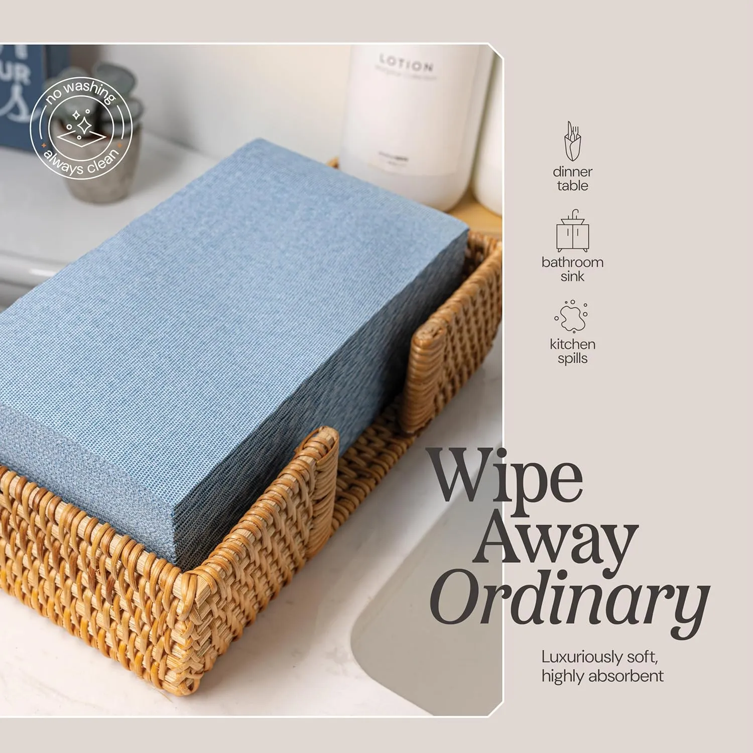 Disposable Cloth-Like Paper Napkins, 200 Pack 12" x 17" Linen-Feel Blue Denim Dinner Napkins For Wedding, Party, Kitchen Or Bathroom, Made In USA