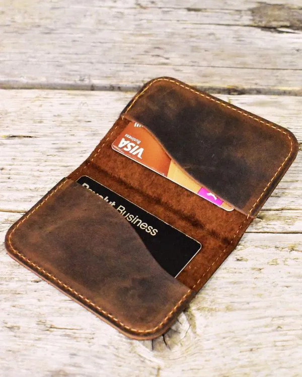 Distressed Leather Card Holder – Bifold – TAN