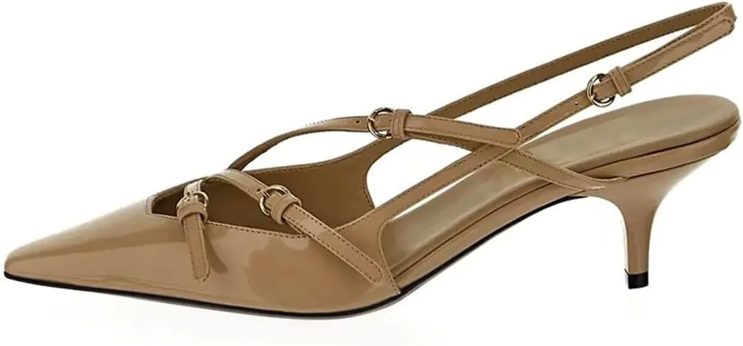 Divanne Slingback Heels for Women, Pointed Toe Kitten Heels Pumps Multi-Buckle Sling Back Shoes Low Heel Sandals Evening Party Wedding Shoes