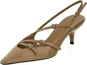 Divanne Slingback Heels for Women, Pointed Toe Kitten Heels Pumps Multi-Buckle Sling Back Shoes Low Heel Sandals Evening Party Wedding Shoes