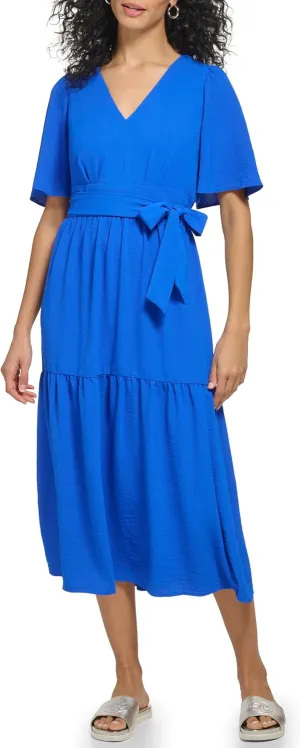 DKNY womens Short Sleeve Tiered Midi Dress