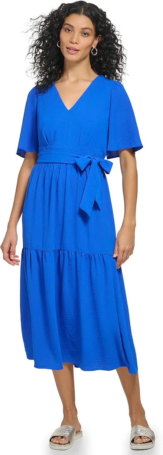 DKNY womens Short Sleeve Tiered Midi Dress